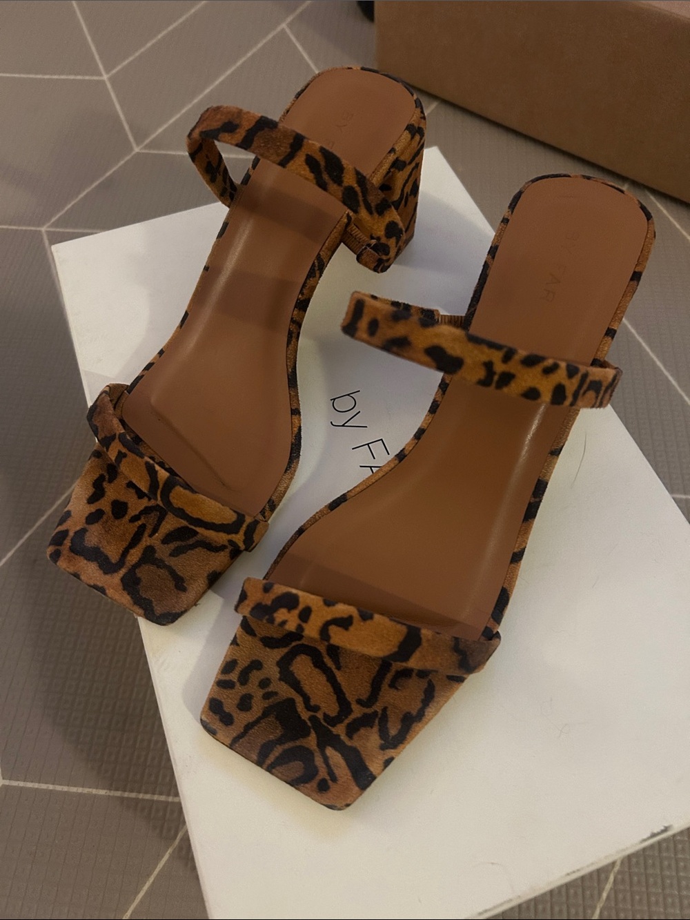 BY FAR Leopard-Pattern Block Heel Sandals in Brown & Black